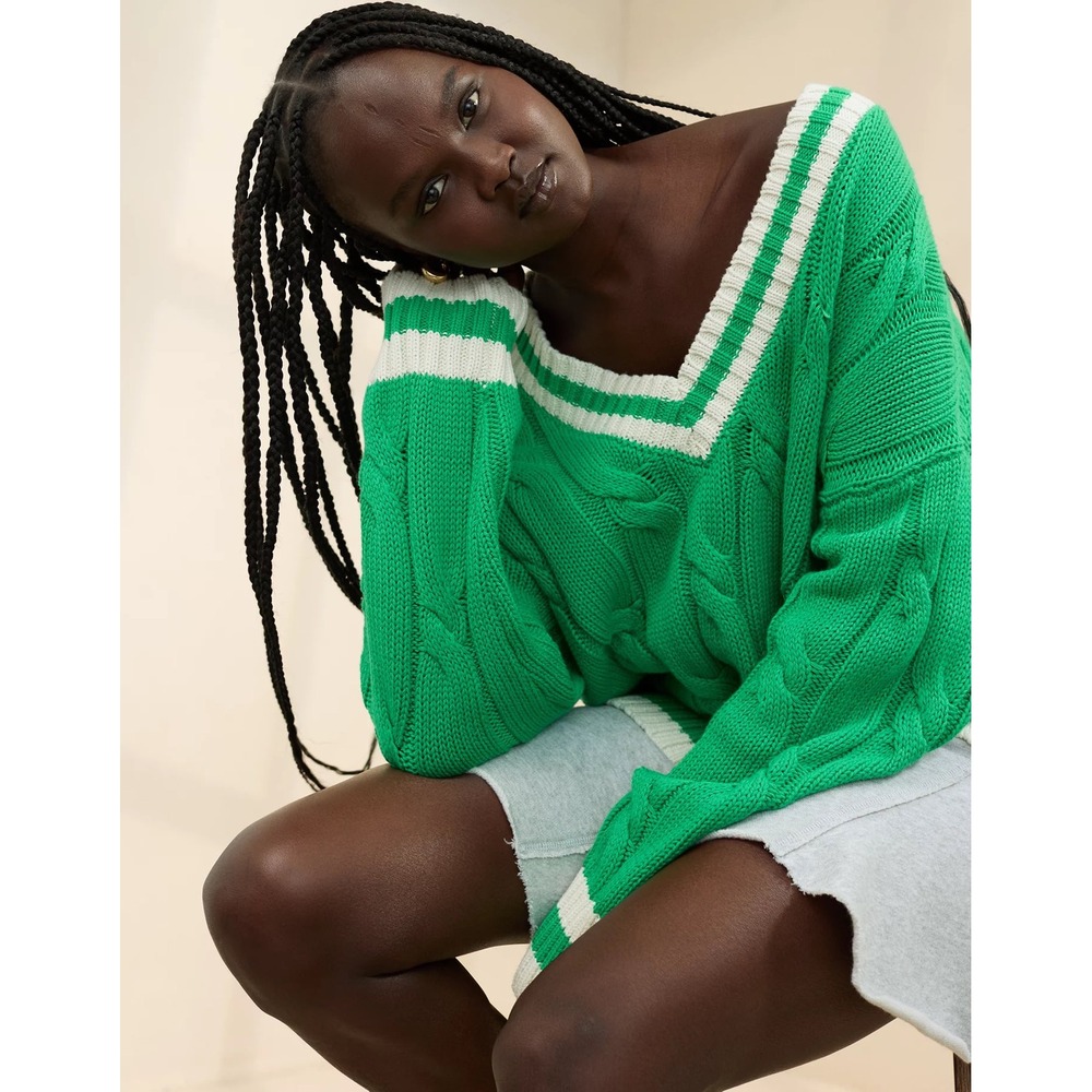 Y2K‎ Aerie Women Green Cable Knit Varsity V-Neck Oversized Sweater Large L